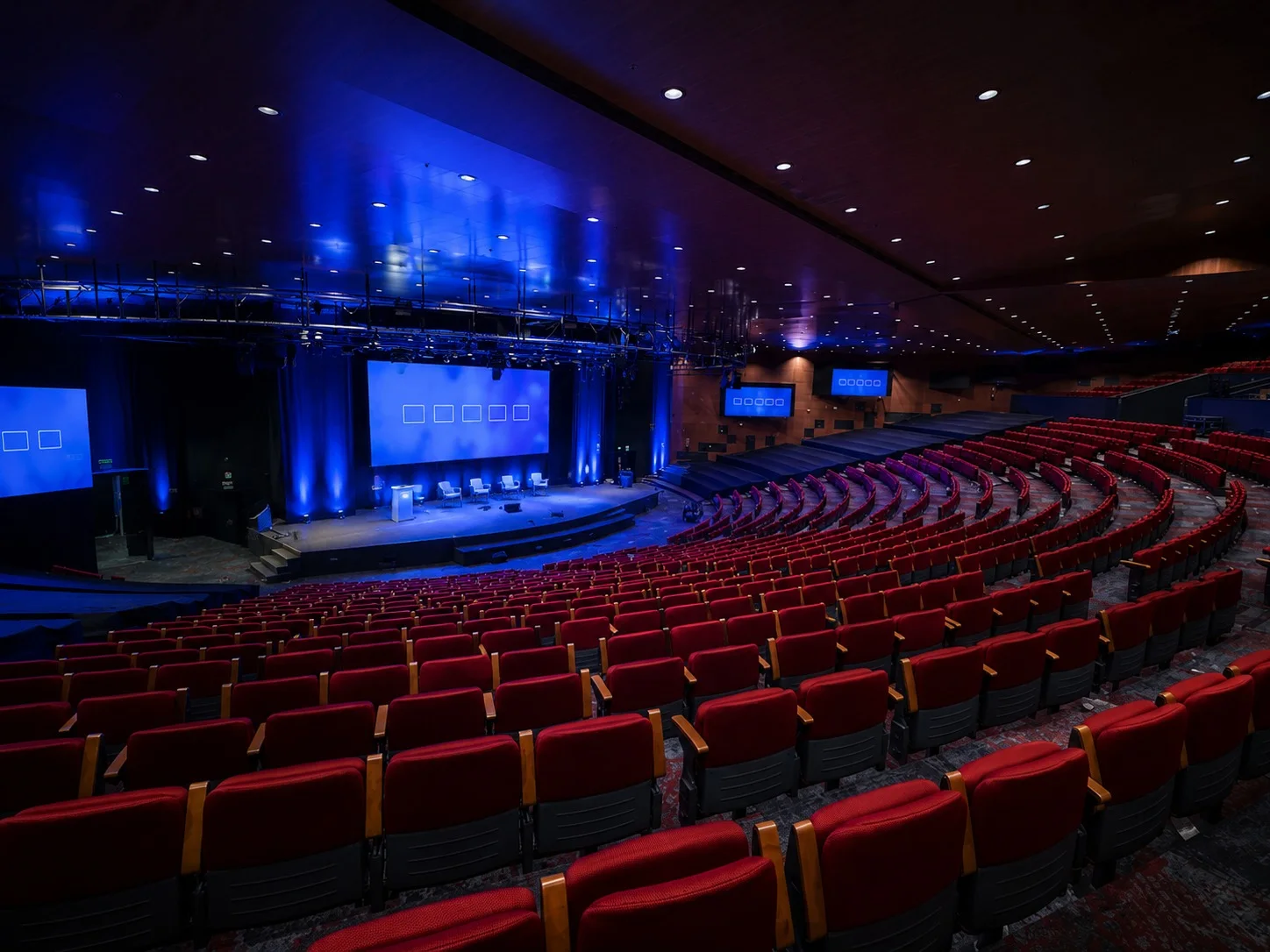 Large auditorium prepared for a global financial leadership conference